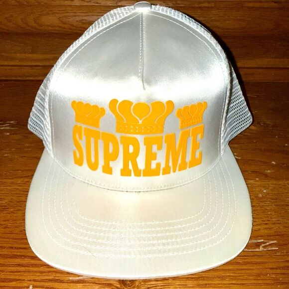 Supreme Other - Supreme Cream Satin Trucker Hat with Yellow Logo Crowns Y2K Rare!